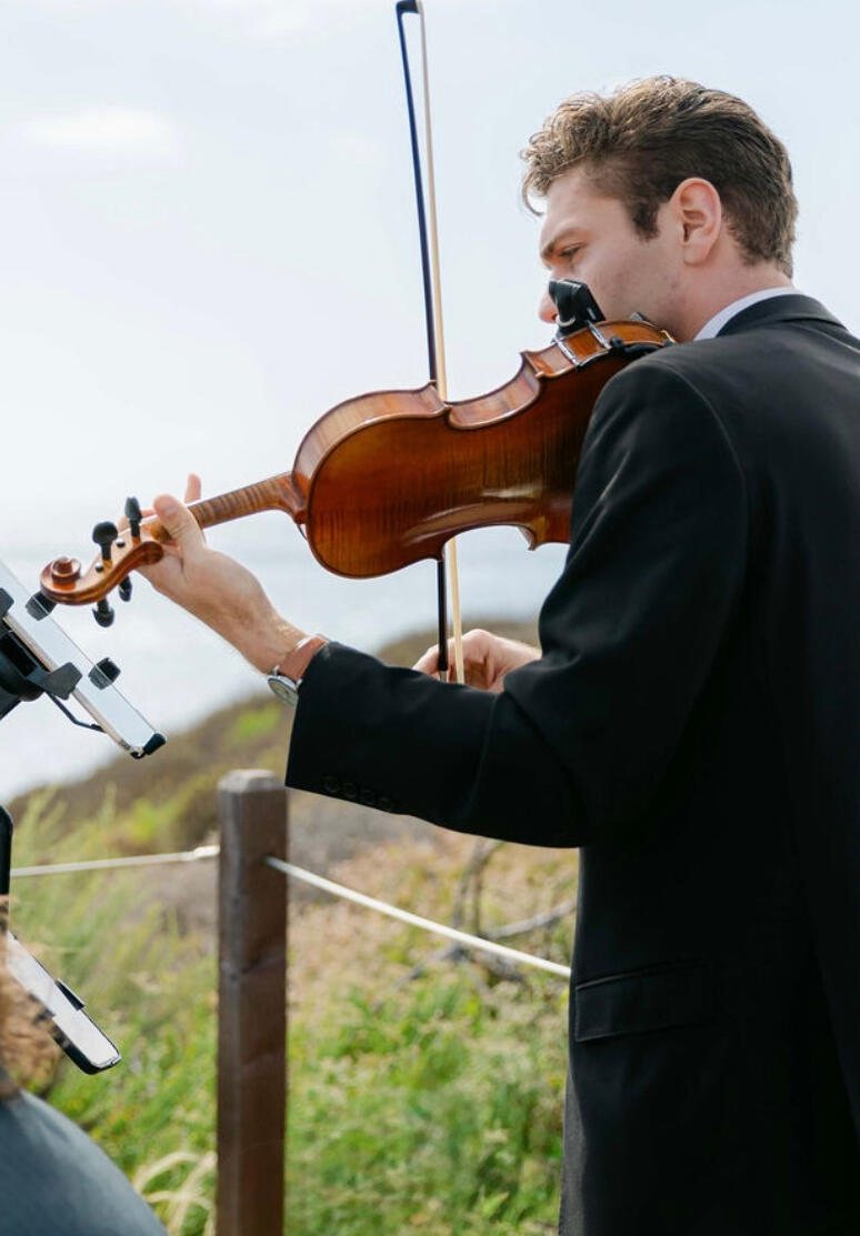 Violinist playing, with guests softly lit in the background.